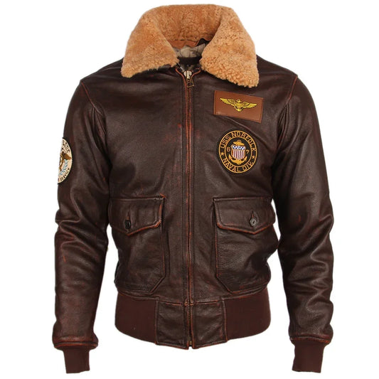 Vintage Red Brown Genuine Cow Leather Jacket Men Removable Natural Fur Collar Flight Jackets Air Force Pilot Mens Coat Winter