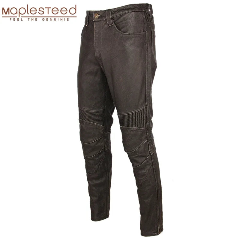 Fashion Vintage Black Men Leather Pant Thick 100% Natural Cowhide Motorcycle Biker Trousers Moto Pants Protector Available M350