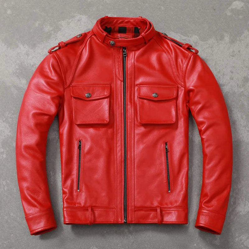 Men Leather Jacket Handsome Short Red Genuine Cowhide Biker Leather Jacket Black Tanned Sheepskin Slim Fit Jackets Autumn