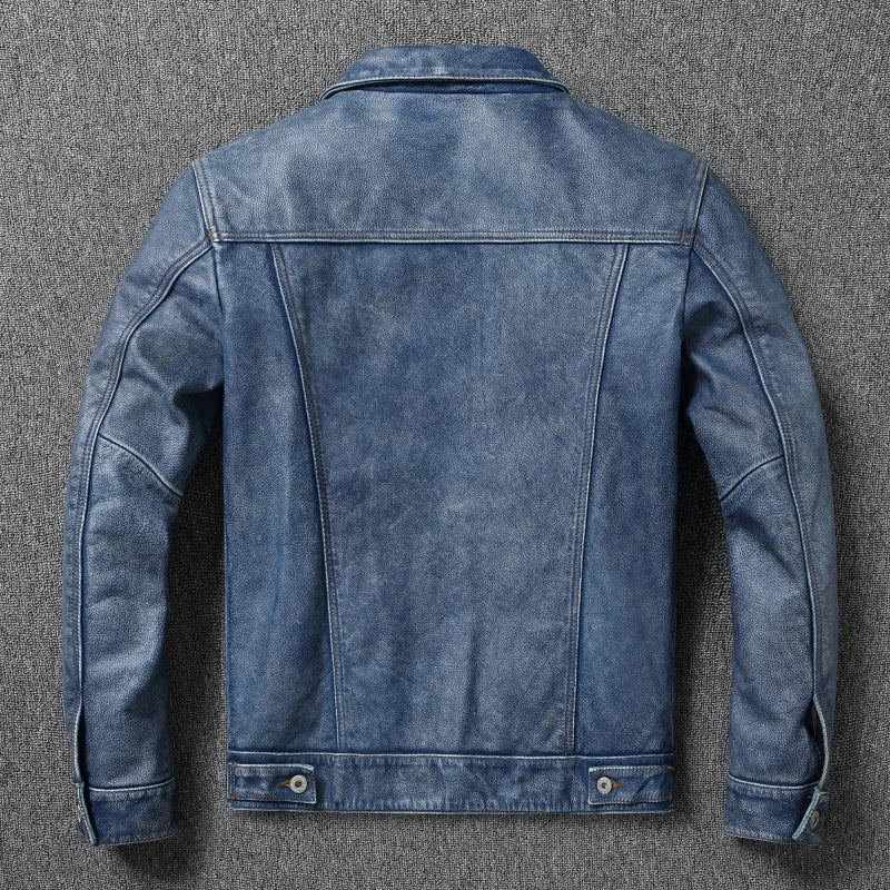 Vintage Blue Men Leather Jacket Genuine Cowhide Short Coat Slim Lapel Work Clothes Natural Calf Skin Jackets