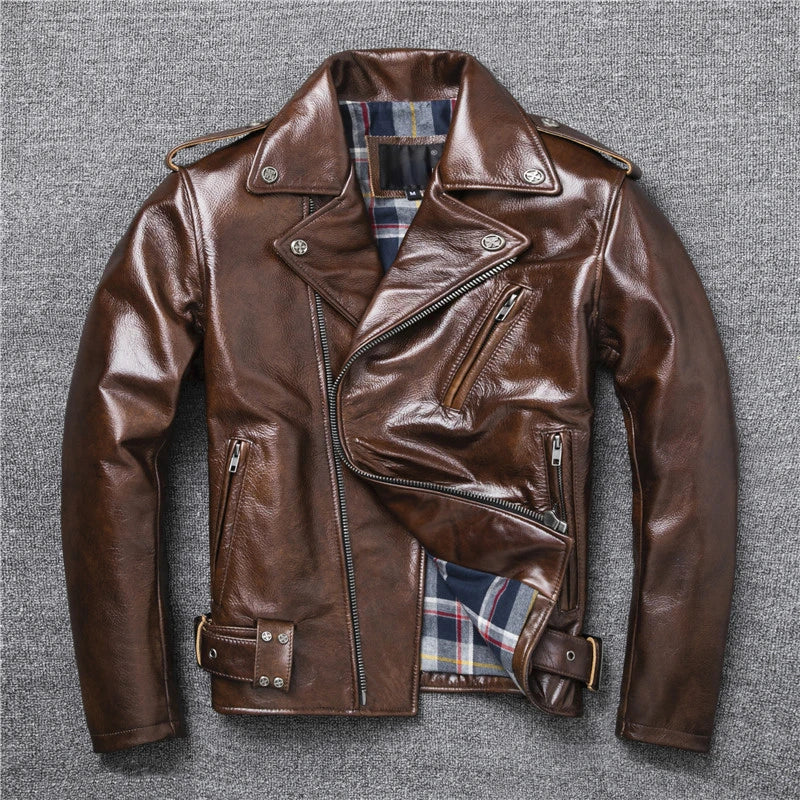 New Natural Oil Wax Calf Skin Jackets Men's Vintage Yellow Brown Leather Jacket Thick Turn Cowhide Slim Coats