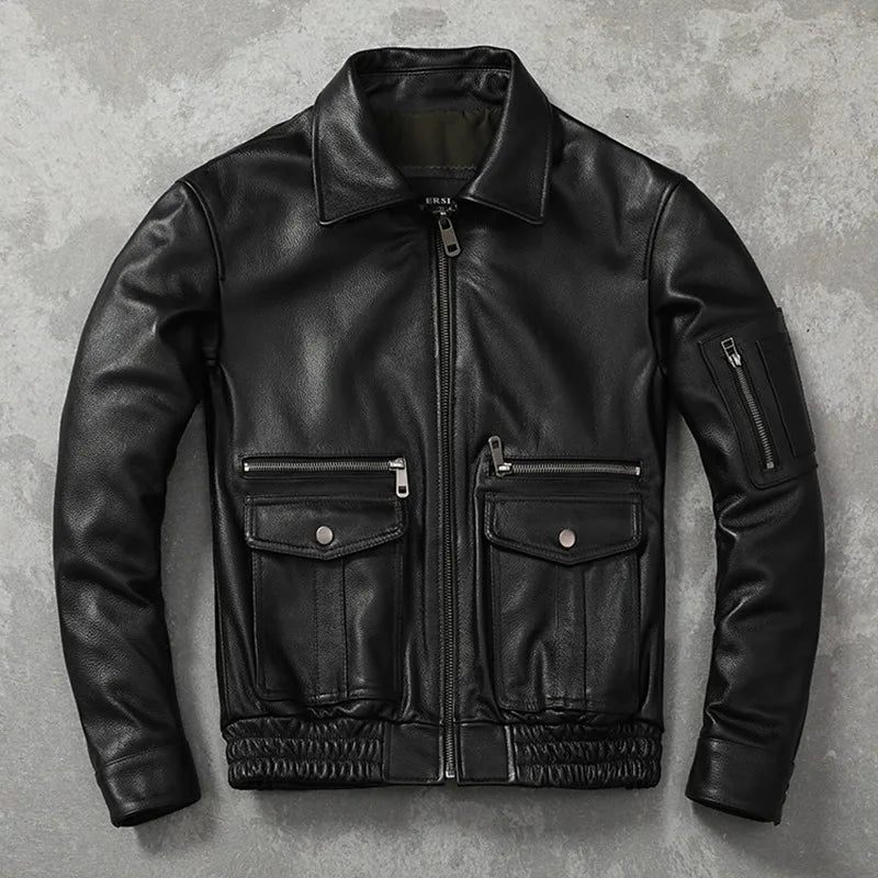 New Fashion Genuine Leather Cowhide Lapel Flight Suit Style Leather Multi-pockets Men Leather Jacket Aviator Jackets Autumn