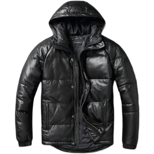 Thick Men Leather Jacket Hood Warm Down Coat Winter Long Down Jackets Genuine Cow Leather Coats Mens Clothing