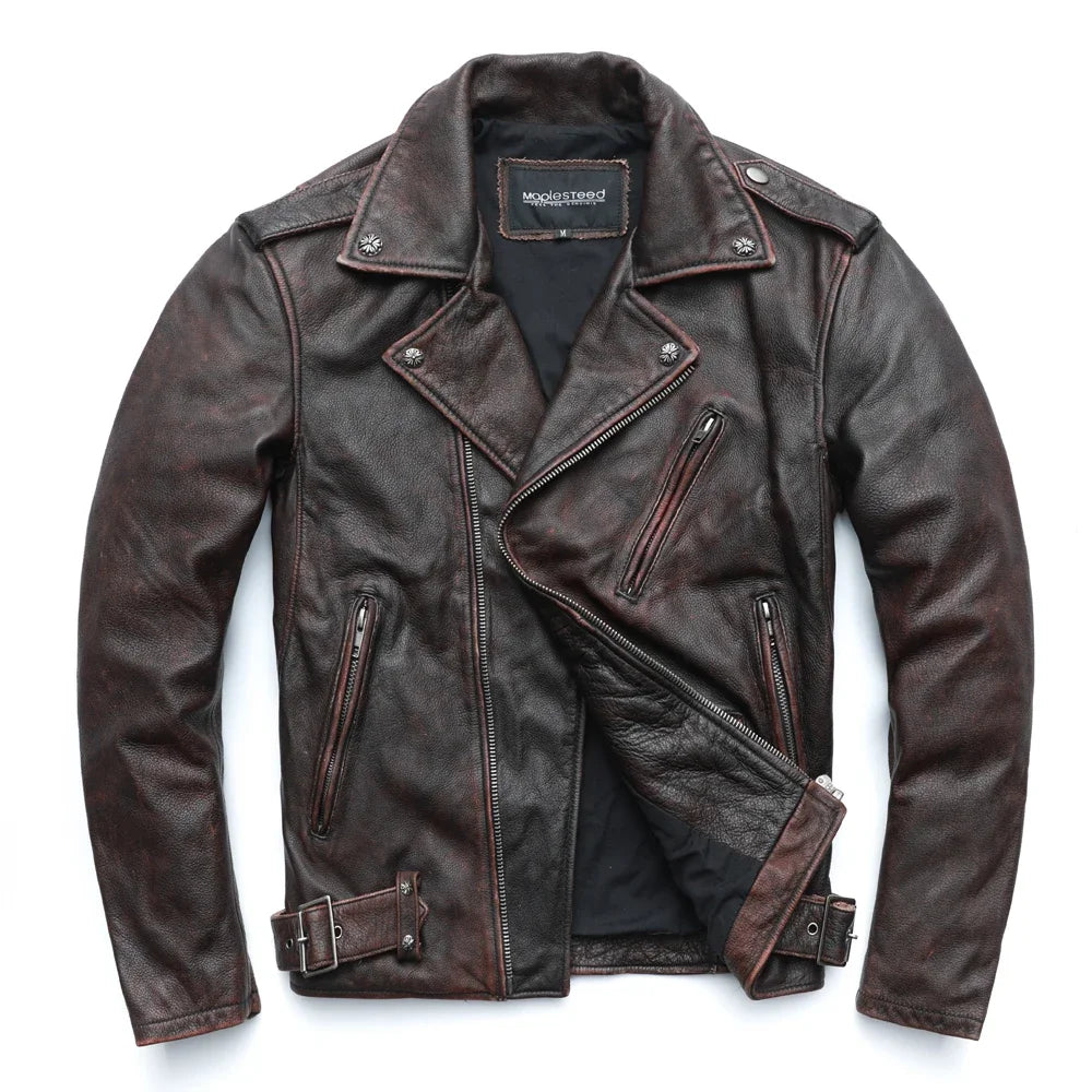 MAPLESTEED Vintage Washed Black Motorcycle Jacket Men Genuine Leather Jackets 100% Cowhide Coat Moto Biker Jacket M-5XL M456