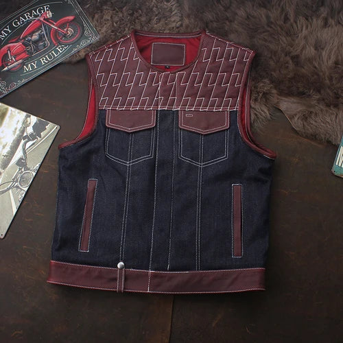 SOA Club Riding Biker Vests Motorcycle Leather Vest Men Real Cowhide Denim Patchwork Waistcoat Sons of Anarchy Sleeveless Jacket