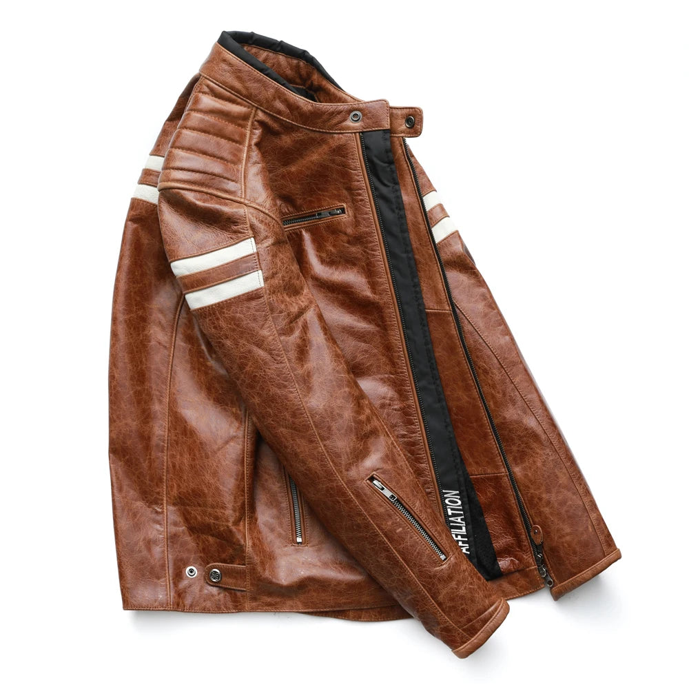 Motorcycle Leather Jacket Men 100% Cowhide Leather Coat Men 4 Protectors Slim Fit Male Biker Leather Coat Autumn Asian Size M218