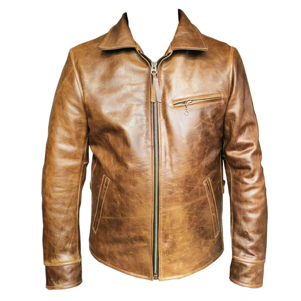 Classic Men Leather Jacket Fashion Color Changes Oil Waxed Natural Cowhide Male Cow Skin Coat Autumn Mens Jackets Slim Clothing