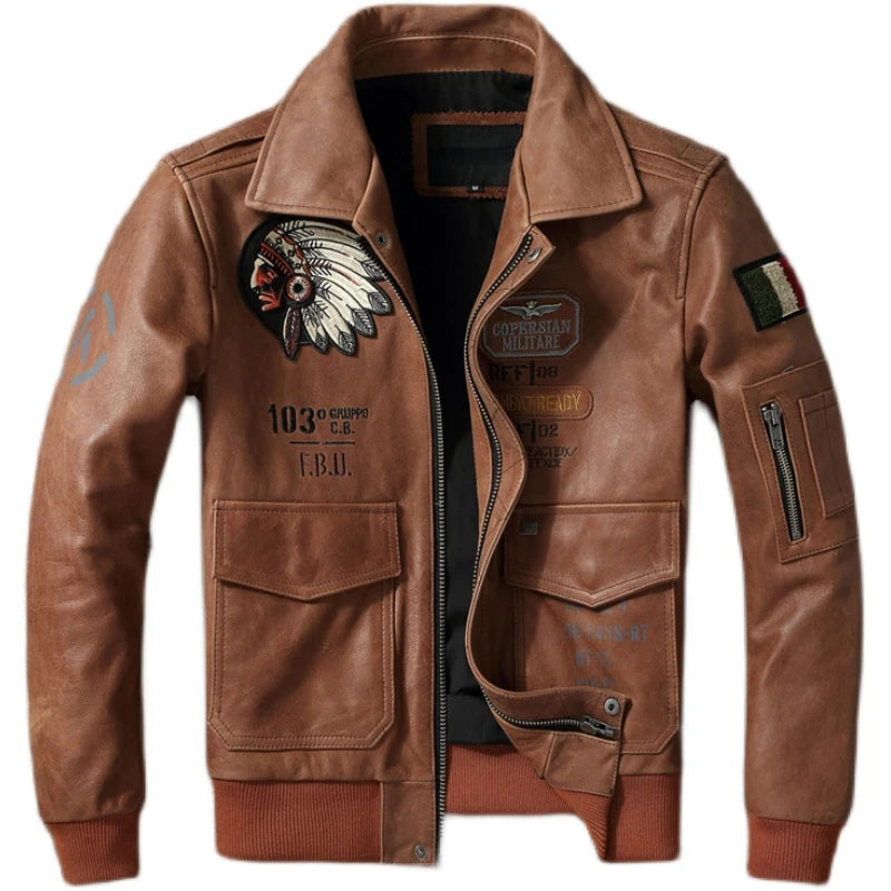 New Indian Embroidery Flying Suit Natural Genuine Leather Coat Men's Cowhide Leather Motorcycle Jackets Slim Fashion Clothing