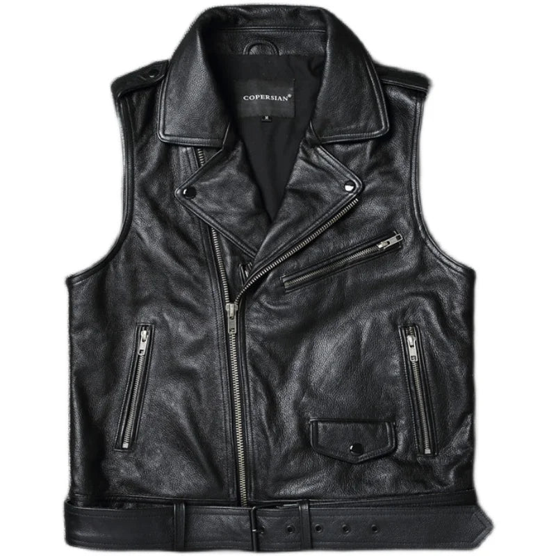 Genuine Cow Leather Vest Belt Motorcycle Vest For Men Biker Waistcoat Slim Fit Cowhide Leather Jackets Sleeveless Spring Autumn