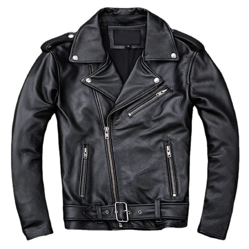 Spring Classical Motorcycle Oblique Zipper Jackets Men Leather Jacket Natural Calf Skin Thick Slim Cowhide Moto Biker Jacket Man