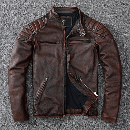 New Vintage Style Mens Real Cowhide Clothes Biker Genuine Leather Jacket Fashion Brown Leather Slim Coat Men Cow Leather Jacket