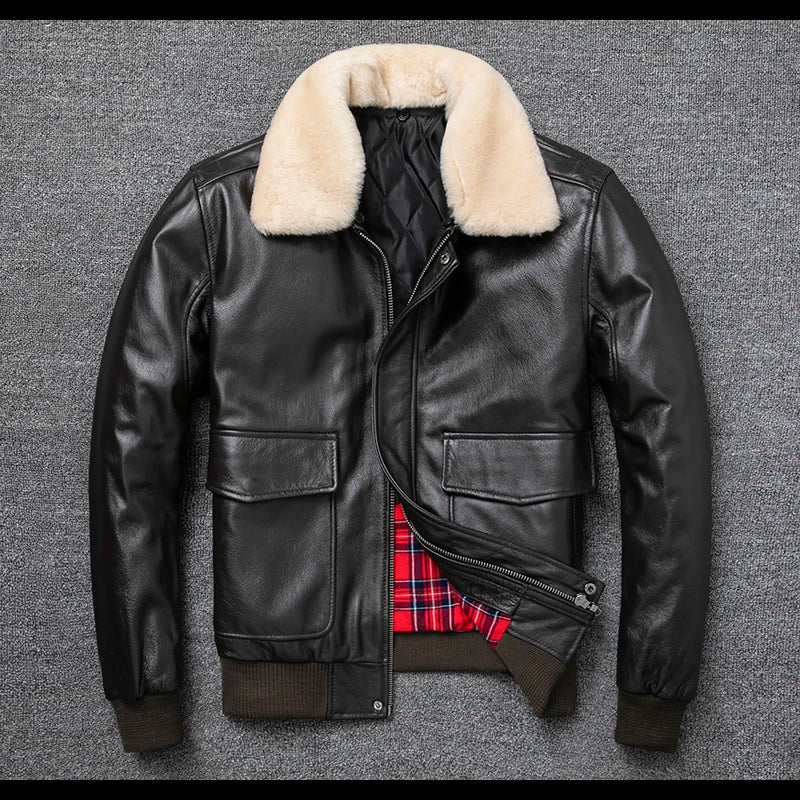 G1 Style Air Force Flight Genuine Cow Leather Men's Jacket Fur Collar of Wool Thicken Warm Cowhide Clothes Men Brown Loose Coat