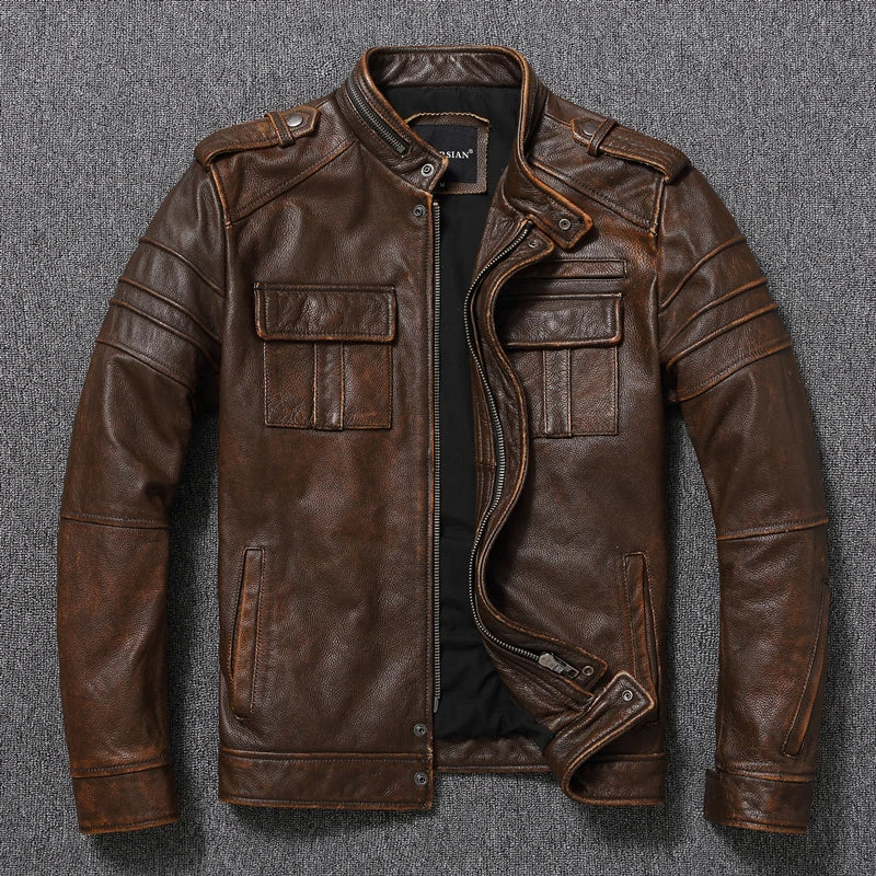 Casual Leather Jacket Men Real Cow Leather Retro Vintage Leather Jackets Mens Jackets Chaqueta De Cuero Para Hombre Casacos