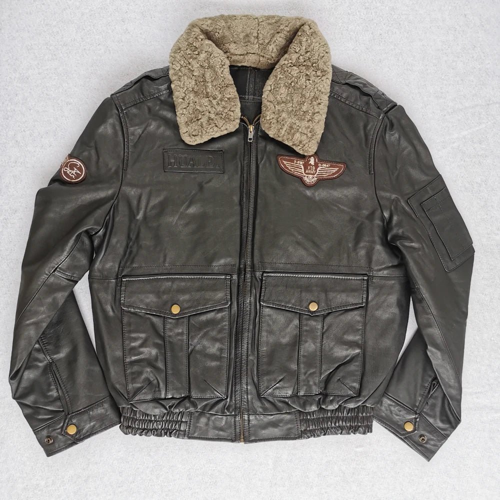 Men Leather Jacket Red Brown Sheepskin Black Cowhide Flight Jackets Man Pilot Jacket Motorcycle Biker Coat Winter Clothing M177