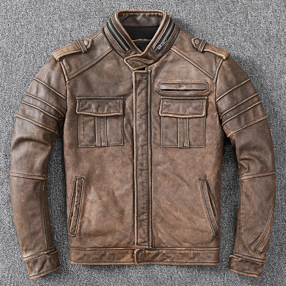 New Men Cowhide Coat Male Genuine Leather Jacket Vintage Style Man Motorcycle Biker Clothes Thick Calfskin Real Learher Coats