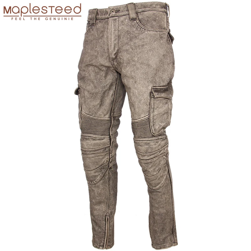 Motorcycle Leather Trousers Men Leather Pant Thick 100% Cowhide Vintage Grey Brown Black Men's Moto Biker Pants Winter 4XL M216