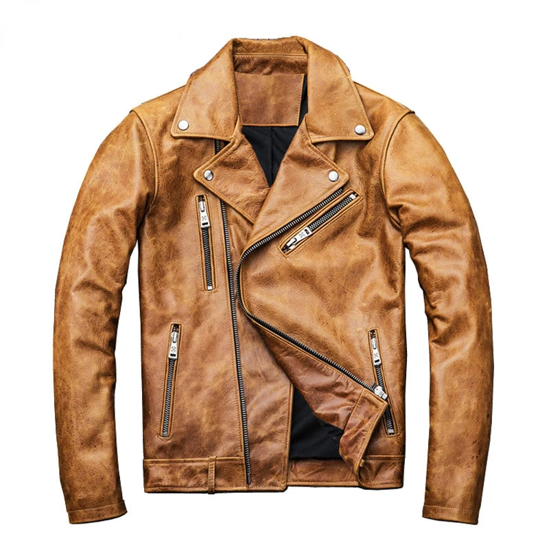 Natural Oil Wax Calf Skin Jackets Men Leather Jacket Thick Turn Down Collar Yellow Brown Men's Skin Coat Winter M098