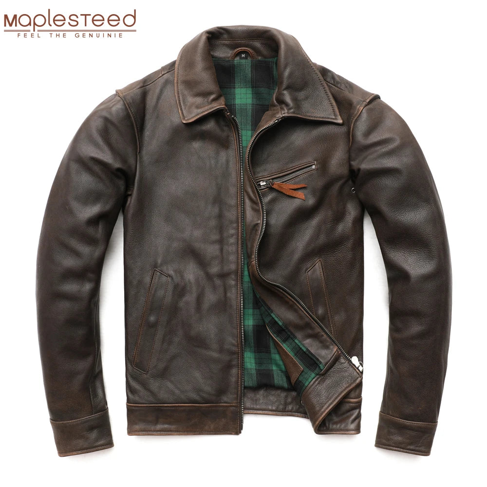 MAPLESTEED Super Vintage Men Leather Jacket Thick Soft Natural Cowhide Real Leather Coat Winter Sleeve 65-68cm M429