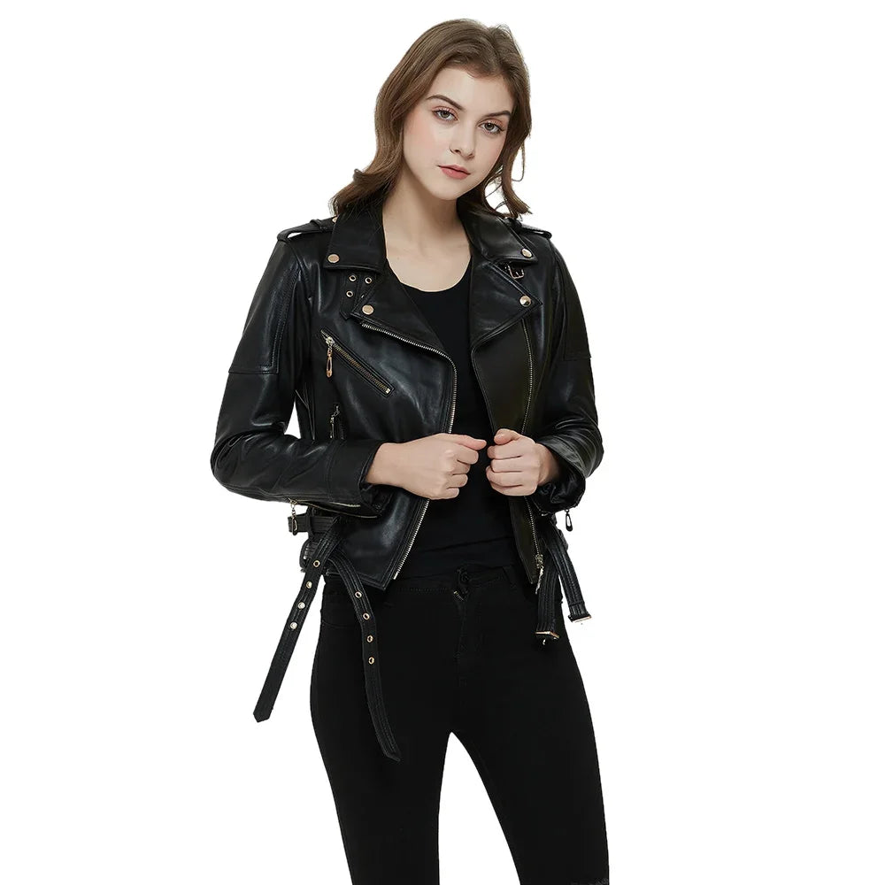 Maplesteed Women Leather Jacket 100% Soft Sheepskin Motorcycle Biker Jacket Female Skin Coat Double Belts Asian Size 4XL M599