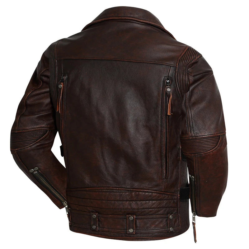 Men Leather Jacket Biker Clothes Genuine Cowhide Jackets Slim Stone Grinding Vintage Motorcycle Coat Chaquetas Moto Hombre