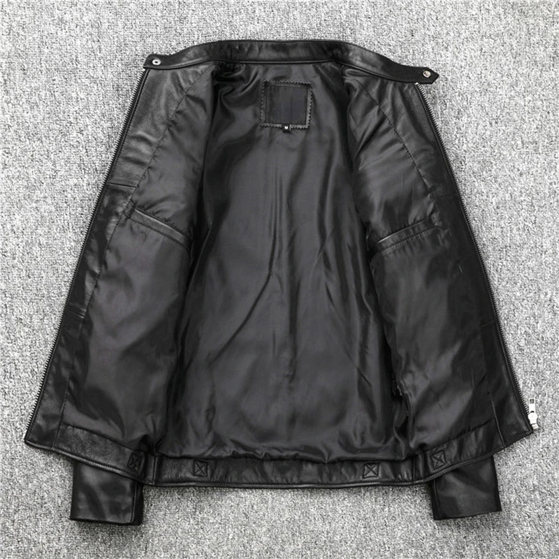 New Sheepskin Leather Jacket Men Motorcycle Biker Spring Natural Genuine Calfskin Leather Jackets Vintage Slim Short Male Coat