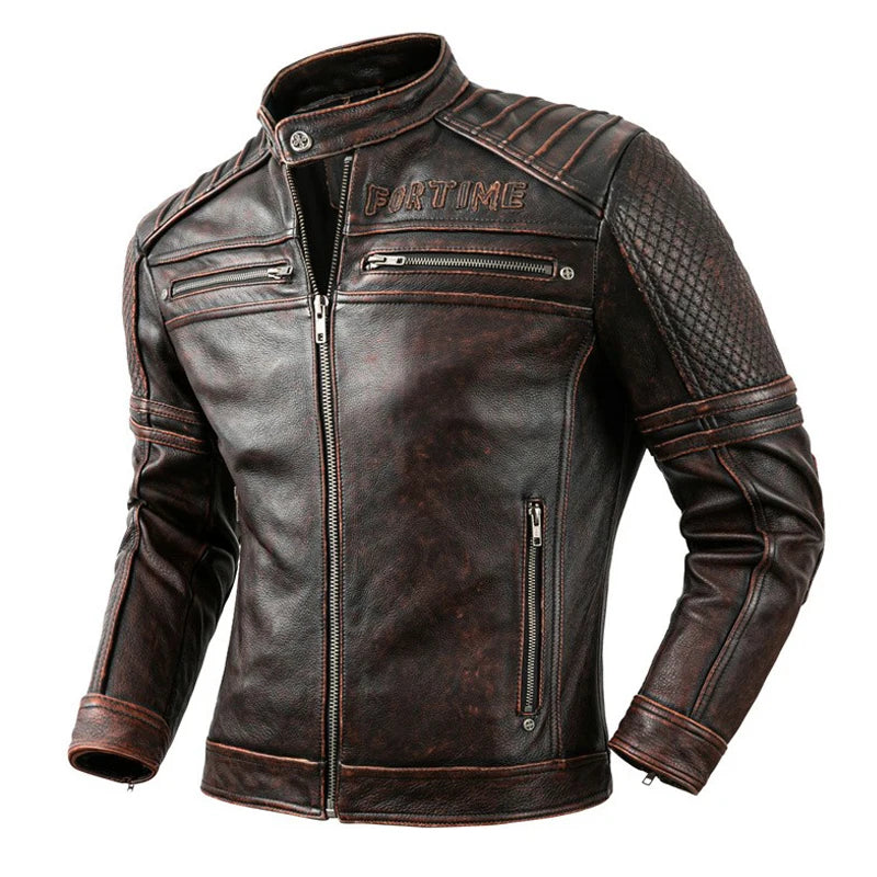 Mens Motorcycle Jacket Genuine Leather Coats Moto Biker Men Jackets Vintage Calf Skin Real Leather Coats Men Racer Clothing