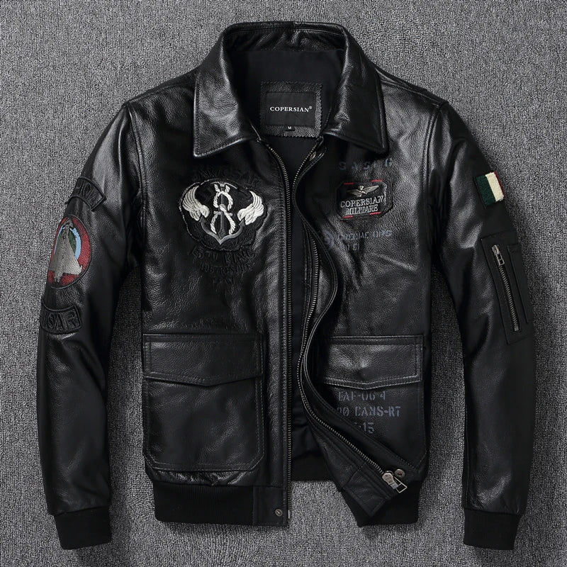 Men Leather Jacket Indian Embroidered Skull Bomber Clothes Aviator Military A2 Flight Jackets Top Layer Cow Leather Coat Autumn