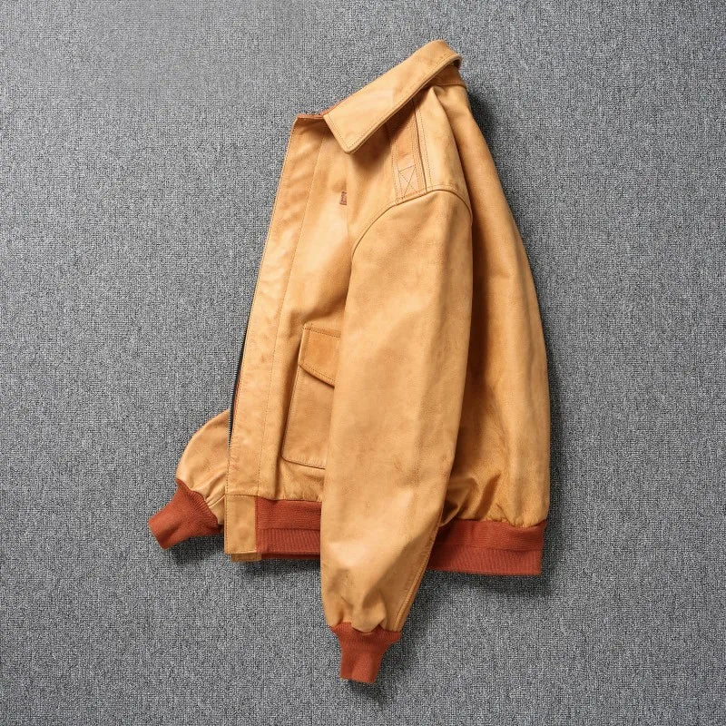 Classic Flight A2 Pilot Jacket Vintage Dirty Yellow Oil Waxed Cowhide Genuine Leather Jacket Men Aviator Jackets Male Coats