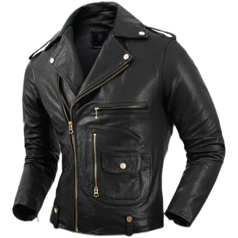 J24 Motorcycle Clothes Men Leather Jacket Vegetable Tanned Real Sheepskin Leather Jacket Slim Fit Motor Biker Clothing Autumn