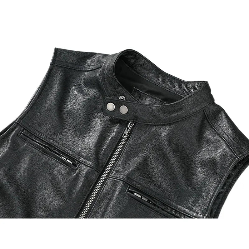 Black Genuine Cowhide Leather Vest Men Leather Vests Slim Fit Veste Homme Motorcycle Biker Waistcoat Мотоцикл