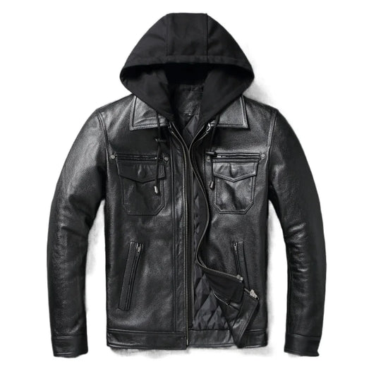 Removable Hooded Leather Jacket Men Genuine Cowhide Leather Coat Slim Biker Clothing Mens Coat Winter Veste Cuire Homme