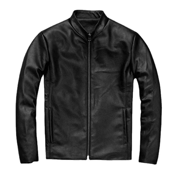 Casual Men Leather Jacket Thin Soft Cowhide Leather Black Brown Standard Collar Mens Coats Spring Jaquetas Masculina De Couro