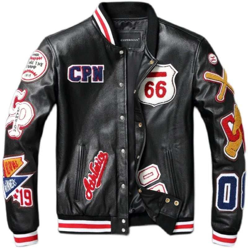 Embroidery Patches Baseball Jackets Genuine Cowhide Leather Jacket Men Motorcycle Biker Coats Autumn Mens Coat