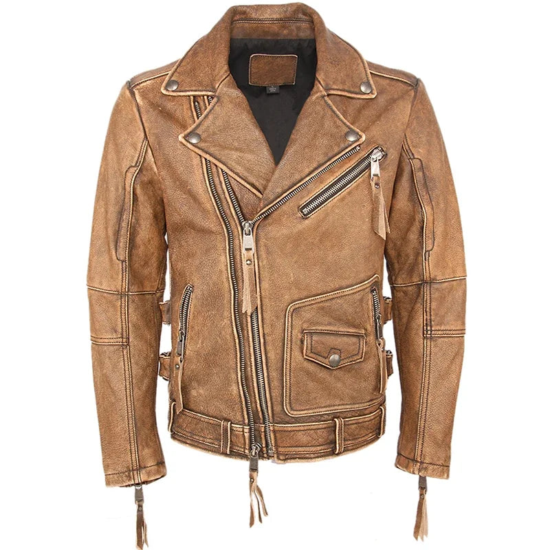 Vintage Motorcycle Jacket Slim Fit Thick Men Leather Jacket 100% Cowhide Moto Biker Jacket Man Leather Coat Winter Warm M455