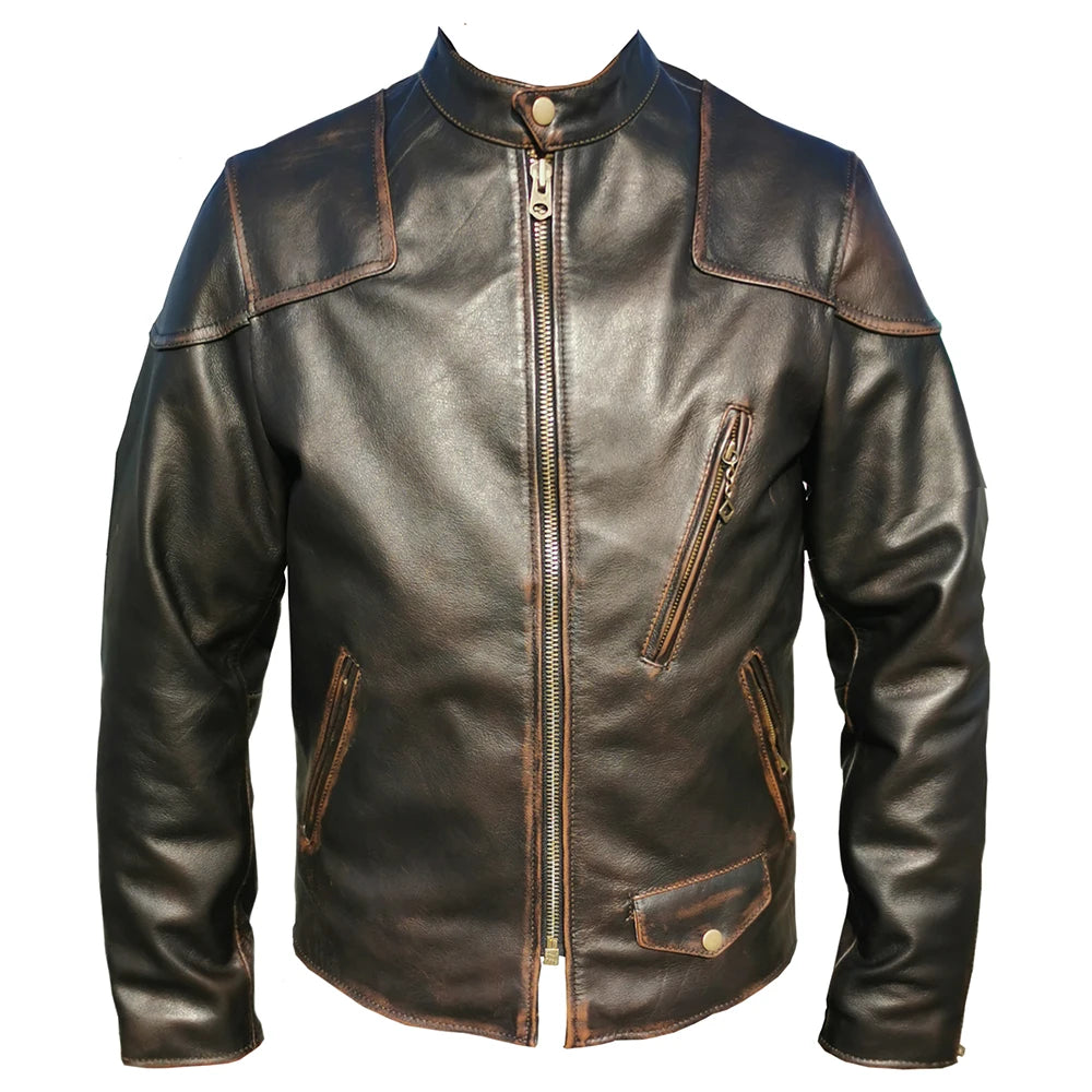 Fashion Natural Horsehide Leather Jacket Men Oil Waxed Cowhide Genuine Leather Coat Slim Male Clothes Autumn Chest 128cm M002