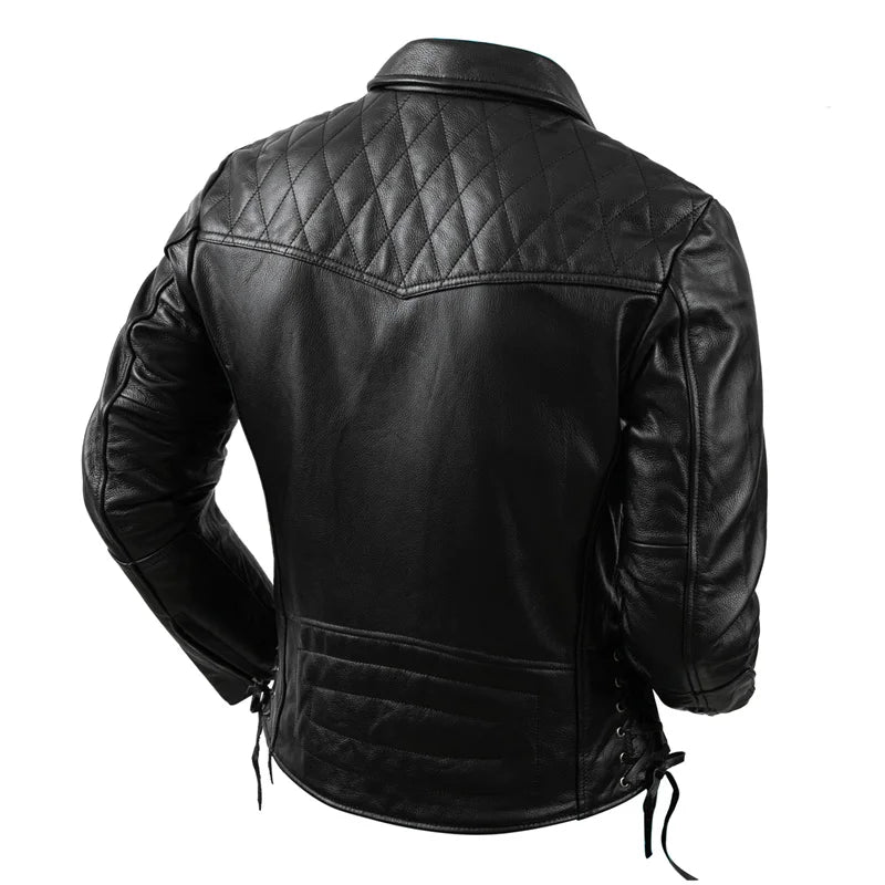 Men's Motorcycle Jacket Protectors Genuine Leather Clothes Natural Cowhide Oblique Zipper High Quality Coat  Size S-5XL