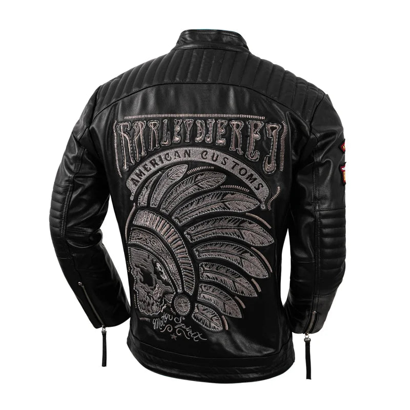 Indian Skull Embroidery Motorcycle Jacket Real Cowhide Leather Jacket Mens Motor Riding Coat Bomber Clothes Autumn Winter