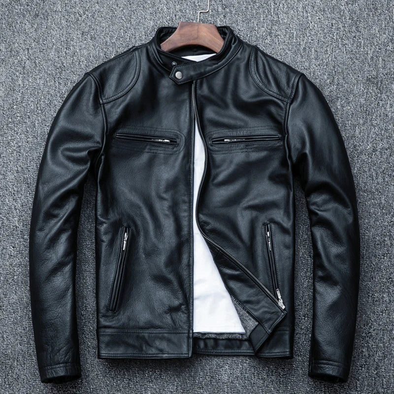 Spring Motorcycle Genuine Leather Jacket Men Cowhide Slim Short Coat Motor Biker Racer Natural Calf Skin Clothes Size S-5XL