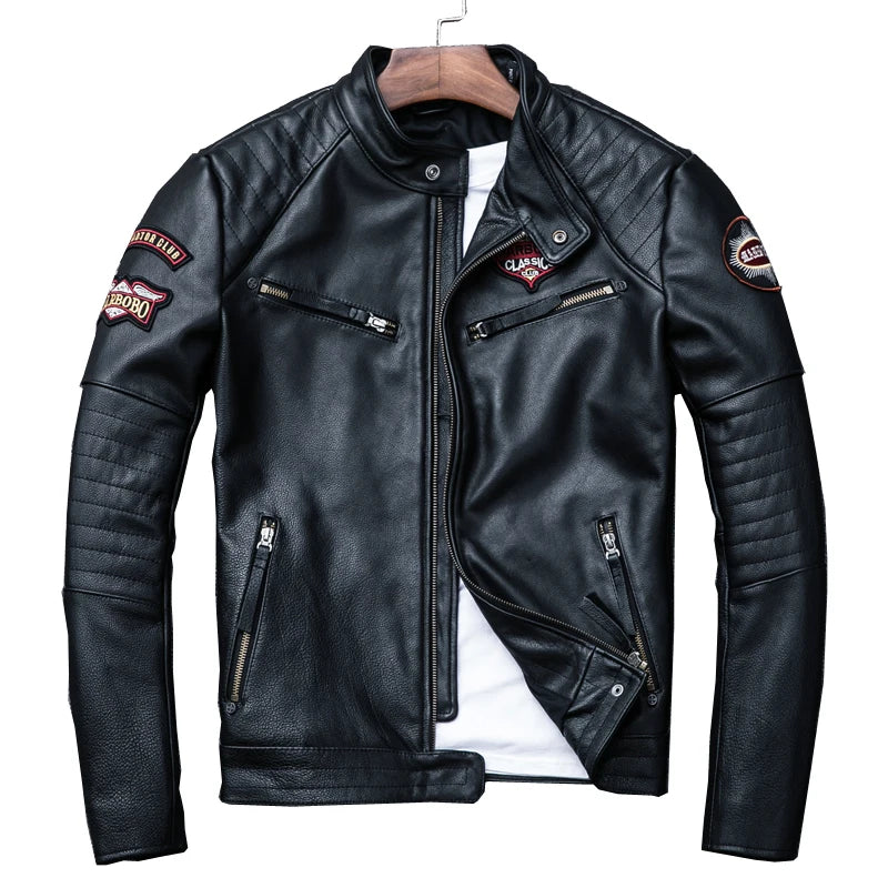 New Black Embroidery Skull Motorcycle Leather Jackets Natural Cowhide Motor Jacket Biker Leather Coat Slim Clothing Racer Coats