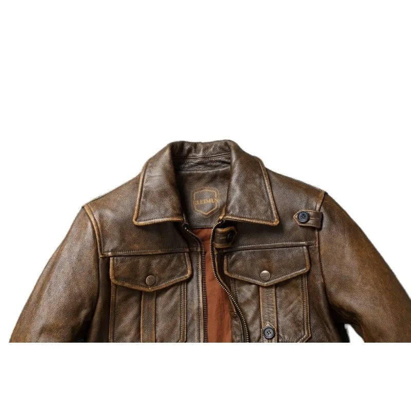 Heavy Milled Vintage Brown Head Layer Real Cowhide Jacket Men Genuine Leather Coat Multi-Pocket Hunting Jackets Biker Coat