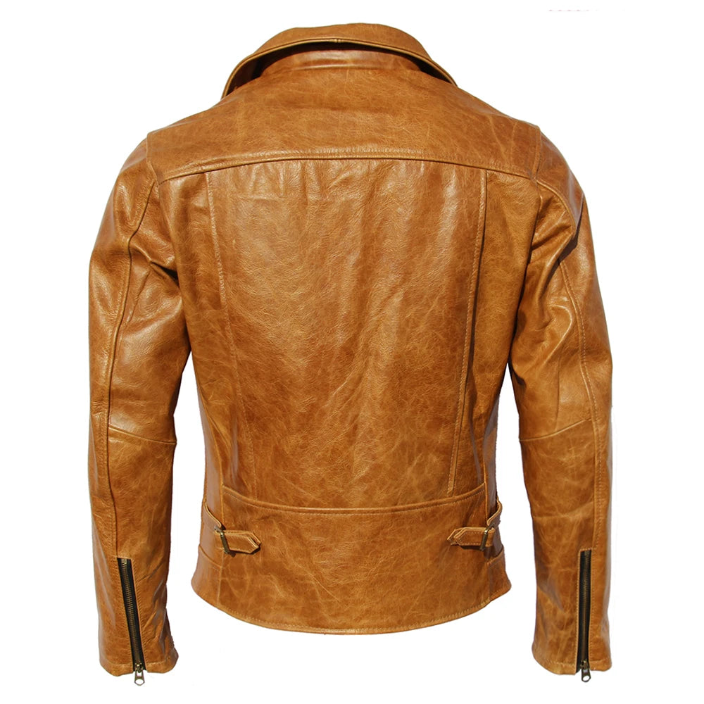 Natural Oil Waxed Cow Leather Jacket For Men Biker Clothes Yellow Brown Burgundy Soft Genuine Sheepskin Coat Spring Autumn M003