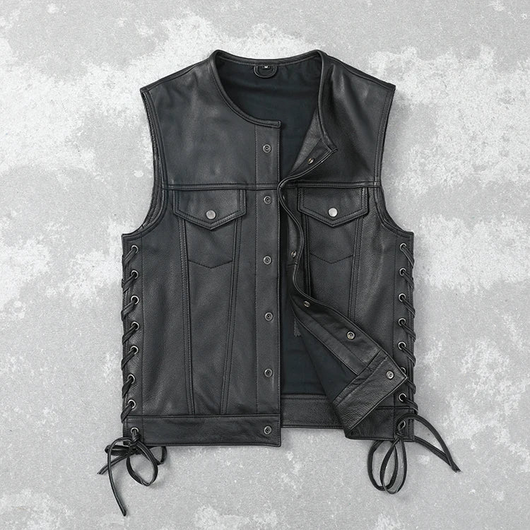 Soft Thin Cowhide Genuine Leather Vest for Men Sleeveless Jacket V-Neck Motorcycle Biker Waistcoat for Riding