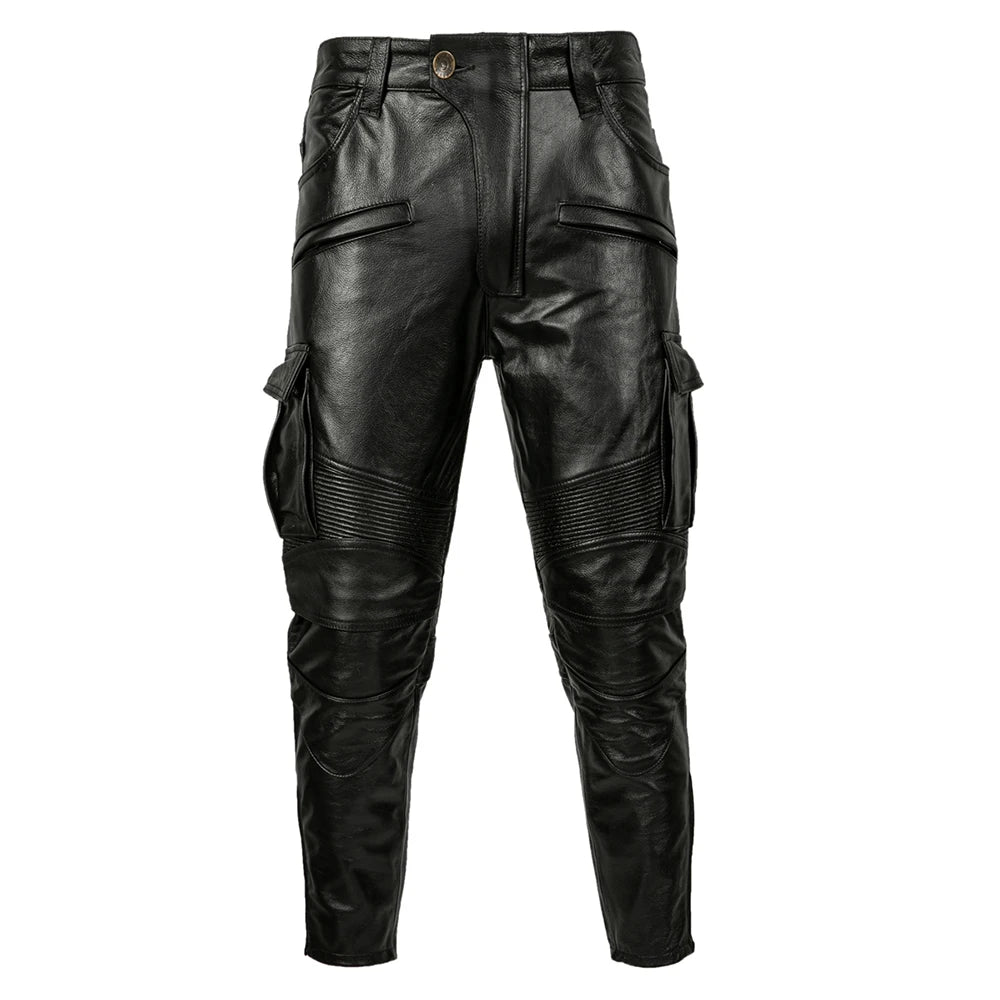 New Black Motorcycle Leather Pant First Layer Cowhide Leather Trousers Men Motor Riding Clothes Windproof Biker Pants Autumn