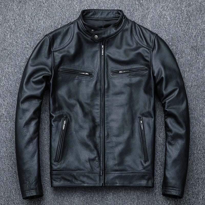 Spring Motorcycle Genuine Leather Jacket Men Cowhide Slim Short Coat Motor Biker Racer Natural Calf Skin Clothes Size S-5XL