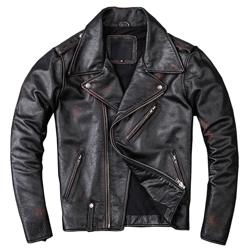 Washed Stone Milled Distressed Edging Vintage Leather Jacket For Men Jackets 100% Natural Calf Skin Coat Autumn Winter M209