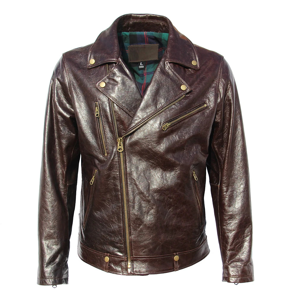 Men Genuine Leather Jacket Oil Waxed Cowhide Coat Soft Burgundy Natural Sheepskin Biker Style Male Clothing Spring Autumn M003