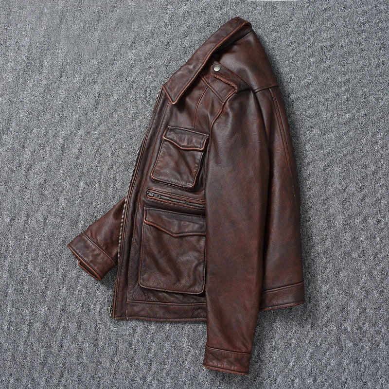 Vintage Red Brown Genuine Leather Jacket Men Soft Real Cowhide Black Winter Coat Biker Jackets Jaqueta Masculina De Couro