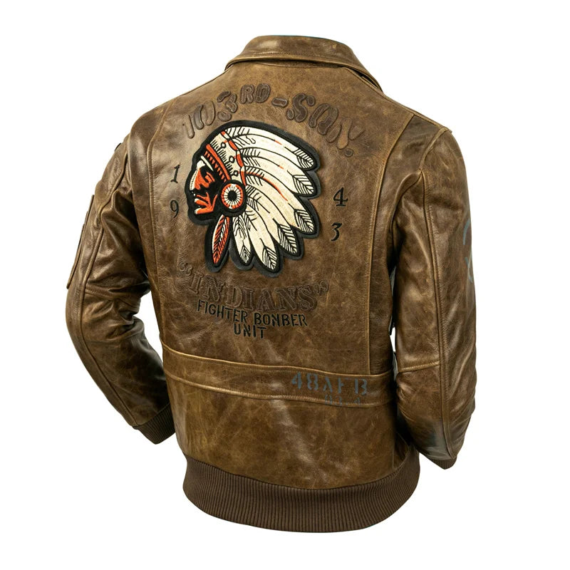 Indian Embroidery Skull Flight Jackets Oil Waxed Horsehide Genuine Leather Jacket Men Air Force Pilot Coat Aviator Clothes