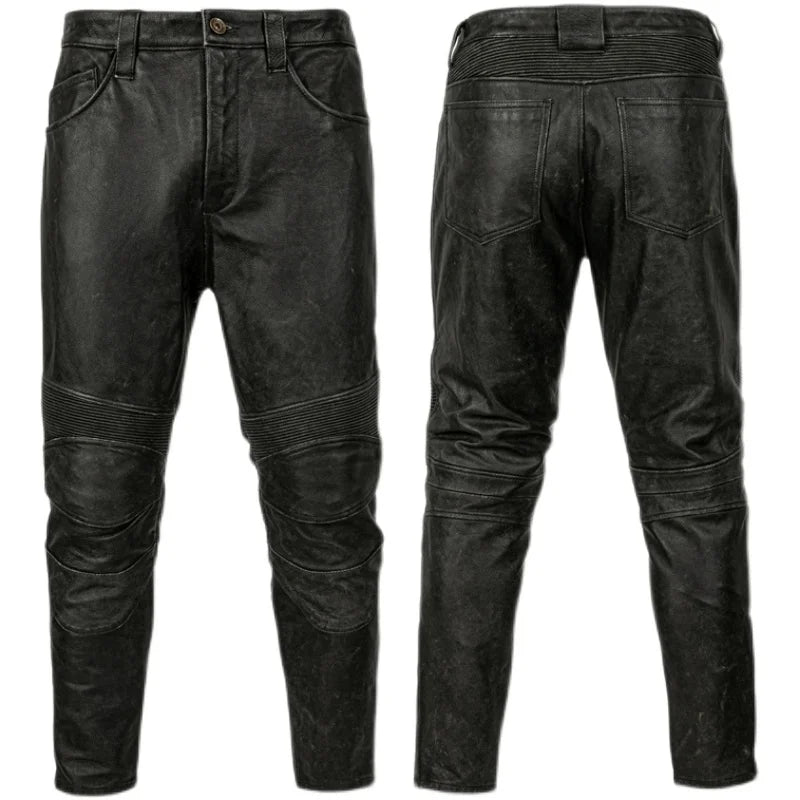 Vintage Motorcycle Leather Pant Men Genuine Cowhide LeatherTrousers Windproof Motor Riding Leather Pants Retro Autumn