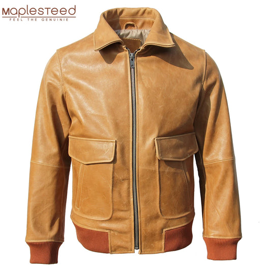 Classic A2 Bomber Flight Coat Men Aviator Leather Jacket Natural Oil Waxed Cowhide Male Pilot Clothing Autumn Chest 130cm M228